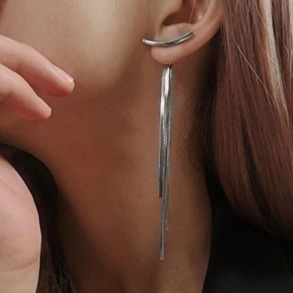 NEW SILVER BAR LONG TREAD TASSEL EARRINGS